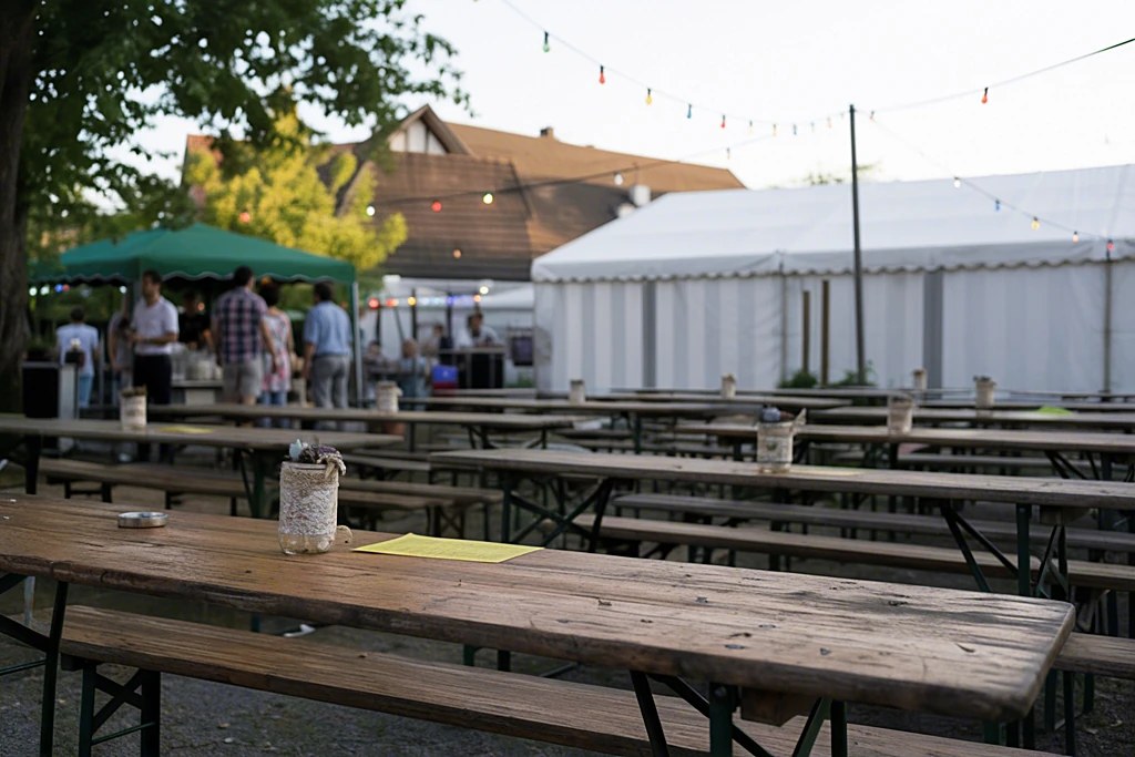 Aufgereihte Biertischgarnituren unter einer Lichterkette bei einem Fest im Freien
